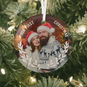 Weiße Lorbeer-Halbkrone Unser 1. Weihnachten Foto Ornament Aus Glas