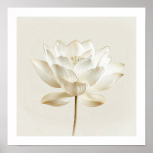 Weiße Lotus-Zen-Wandkunst – Minimaler Beige-Druck Poster