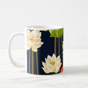 Weiße Lotusblume, Fisch: nahtloses Muster. Kaffeetasse