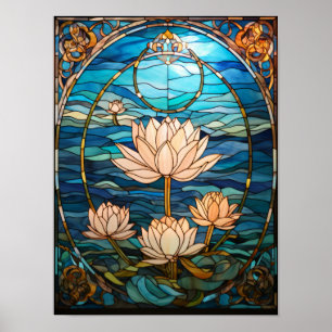 Weiße Lotusblüten über ruhigen blauen Wassern in B Poster