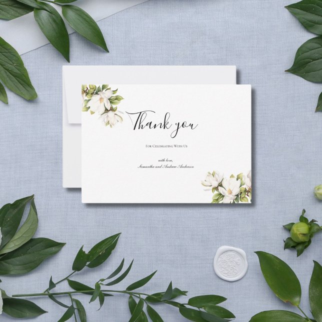 Weiße Magnolia Flora Hochzeitsfeier Dankeskarte (White Magnolia Floral Greenery Elegant Wedding Thank you card)
