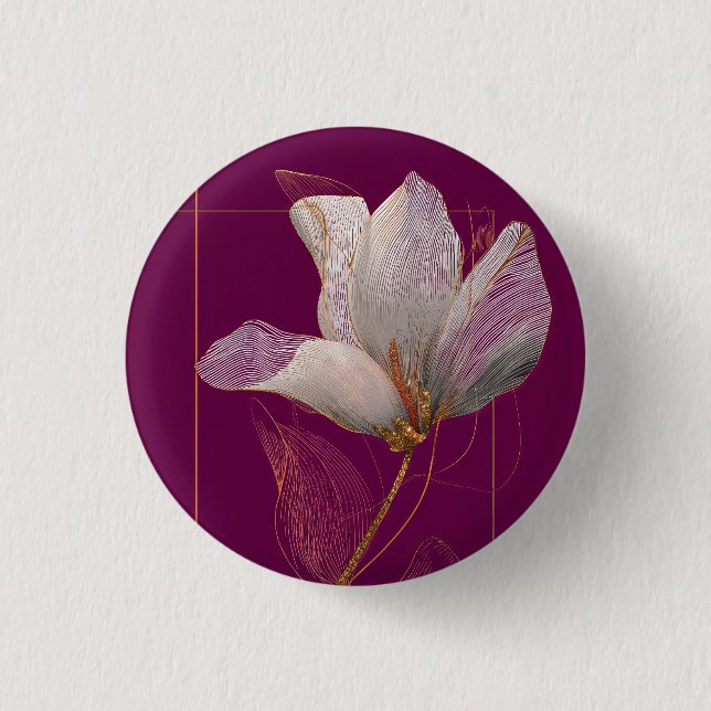 Weiße Magnolie Goldlinien-Magenta Button (Vorderseite)