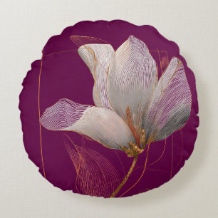 Weiße Magnolie Goldlinien Magenta Rundes Kissen