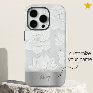 Weiße Magnolie Malerei Silber Metall Individueller iPhone 16 Pro Hülle