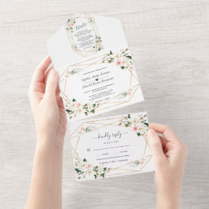 Weiße Magnolie Rosa Blumen Goldene Hochzeit   All In One Einladung