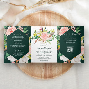 Weiße Magnolie Rosa Blumen Smaragd QR-Code Hochzei Dreifach Gefaltete Einladung