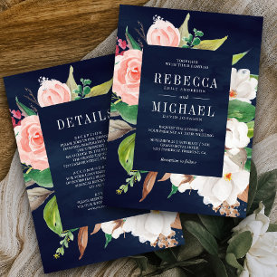 Weiße Magnolie Rosa Floral All in One Navy Hochzei Einladung