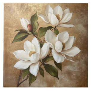 Weiße Magnolien auf goldenem Hintergrund Fliese