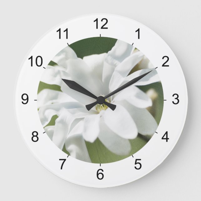 Weiße Magnolien-Blume Große Wanduhr (Vorderseite)