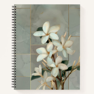 Weiße Magnolien-Blumen-Gold-Linien-Marmor Notizbuch