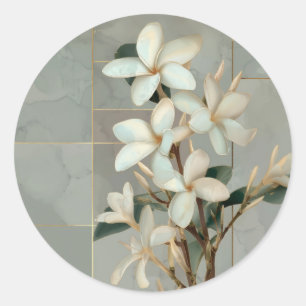 Weiße Magnolien-Blumen-Goldlinien-Marmor Runder Aufkleber
