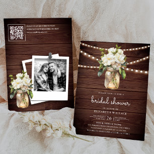Weiße Magnolien-Blumen-Holz-QR-Code-Brautparty Einladung