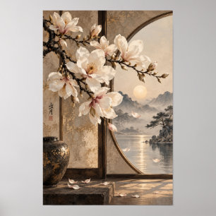 Weiße Magnolien-Mondtor-Bergsee-Wandkunst Poster