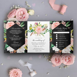 Weiße Magnolienblüte Rosa Schwarze Hochzeit Dreifach Gefaltete Einladung