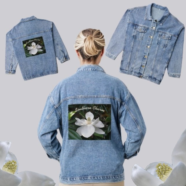 Weiße Magnolische Blume Südlicher Charme Jeansjacke (Von Creator hochgeladen)