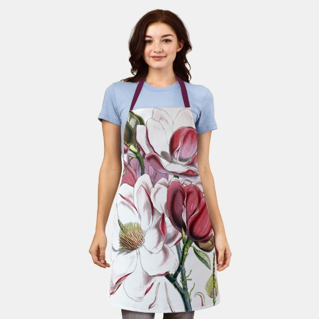 Weiße Magnolische Blume Vintag Alte Illustration Schürze (Getragen)
