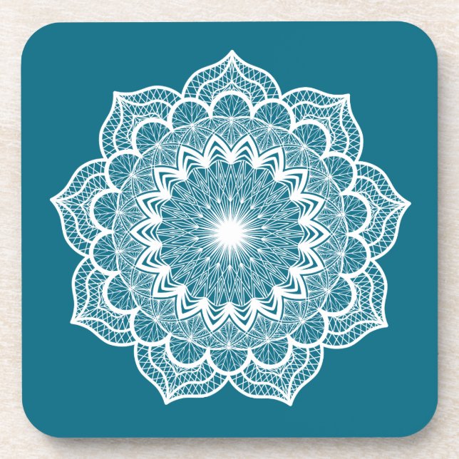 Weiße Mandala auf blauem Hintergrund Getränkeuntersetzer (Vorderseite)
