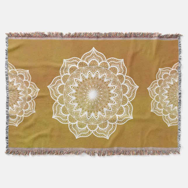 Weiße Mandala auf goldenem Hintergrund Decke (Vorderseite)
