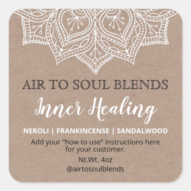 Weiße Mandala auf Kraftblendetiketten Quadratischer Aufkleber (Vorderseite)