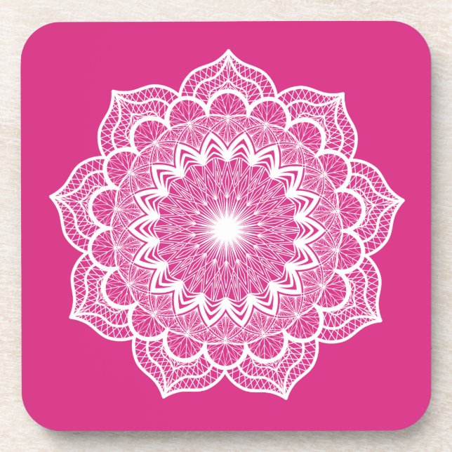 Weiße Mandala auf rosa Hintergrund Getränkeuntersetzer (Vorderseite)