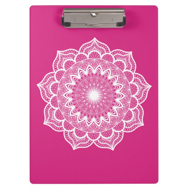 Weiße Mandala auf rosa Hintergrund Klemmbrett (Vorderseite)