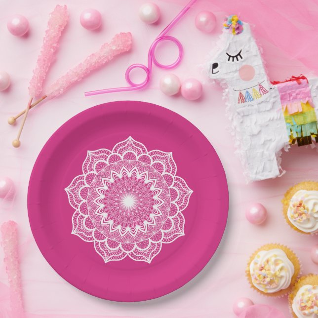 Weiße Mandala auf rosa Hintergrund Pappteller (Party)