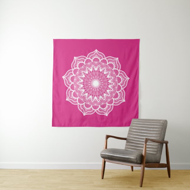 Weiße Mandala auf rosa Hintergrund Wandteppich (Beispiel)