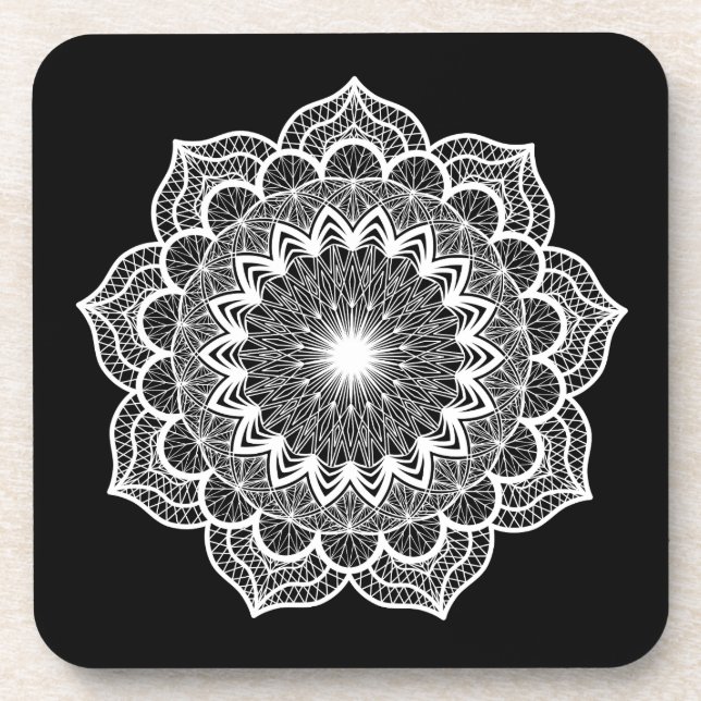 Weiße Mandala auf schwarzem Hintergrund Getränkeuntersetzer (Vorderseite)