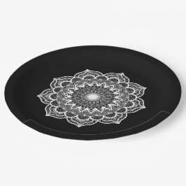 Weiße Mandala auf schwarzem Hintergrund Pappteller