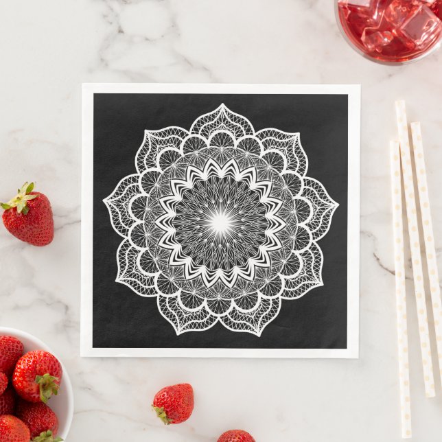 Weiße Mandala auf schwarzem Hintergrund Serviette (Beispiel)
