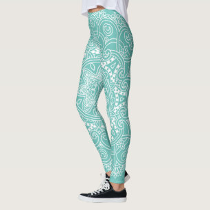 Weiße Mandala Kunstmuster auf Aquamarin blauem Gr Leggings
