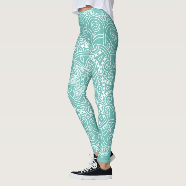 Weiße Mandala Kunstmuster auf Aquamarin blauem Grü Leggings (Links)