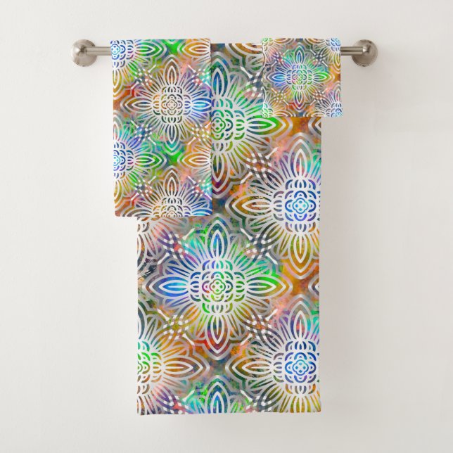 Weiße Mandala-Muster über farbenfrohe Juwelentöne Badhandtuch Set (Insitu)