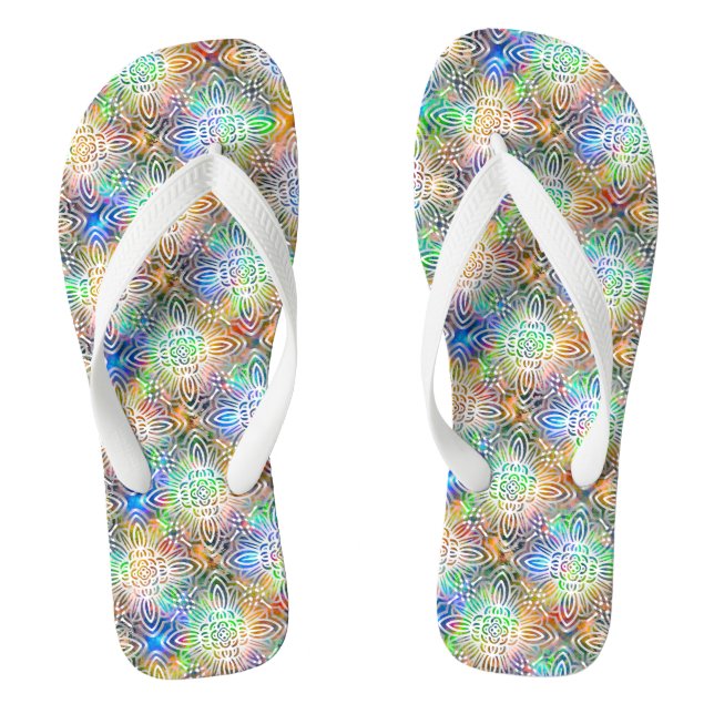 Weiße Mandala-Muster über farbenfrohe Juwelentöne Flip Flops (Fußbett)