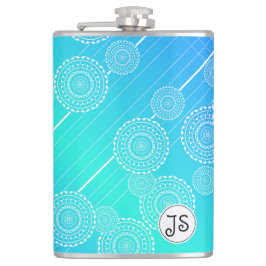 Weiße Mandalase auf Aqua Blue Rainbow Blend Monogr Flachmann