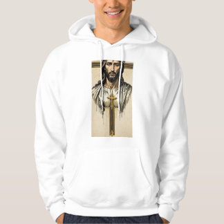 Weiße Männerhoodie mit religiöser Abbildung des He Hoodie