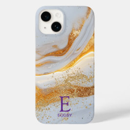 Weiße Marmor-Chic-Gold-Glitter-Monogramm Case-Mate iPhone 14 Hülle