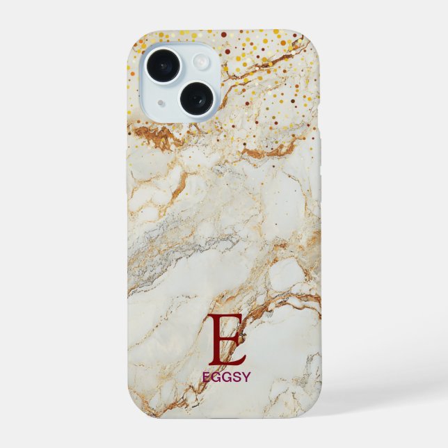 Weiße Marmor-Chic-Gold-Glitter-Monogramm iPhone 15 Hülle (Rückseite)