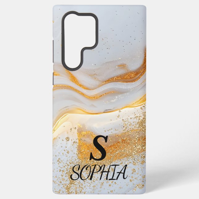 weiße Marmor Chic Gold Glitter Monogramm Samsung Galaxy Hülle (Rückseite)