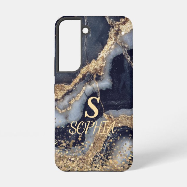 weiße Marmor-Chic-Gold-Glitter-Monogramm Samsung Galaxy Hülle (Rückseite)
