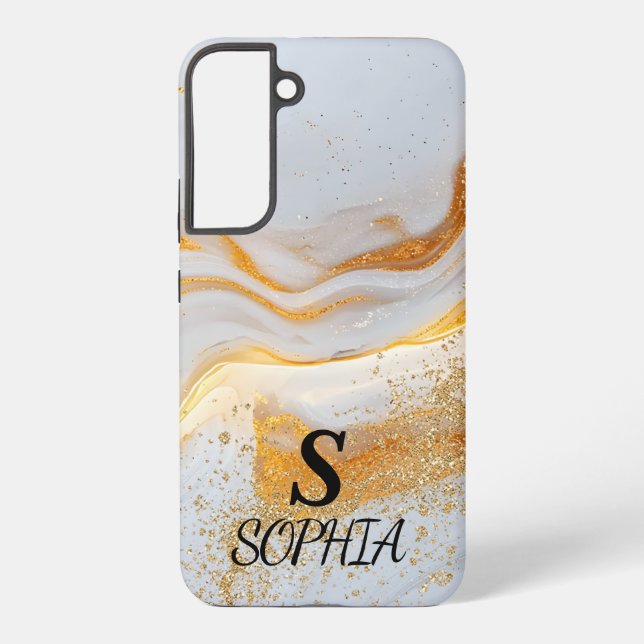 weiße Marmor-Chic-Gold-Glitter-Monogramm Samsung Galaxy Hülle (Rückseite)
