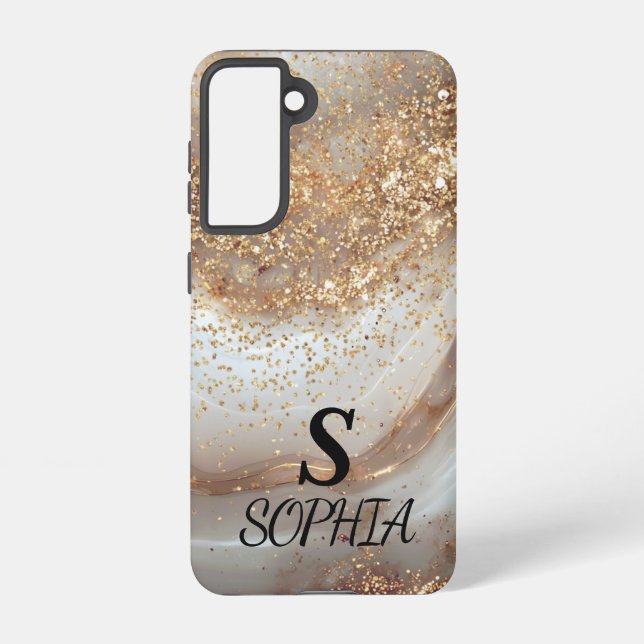 weiße Marmor-Chic-Gold-Glitter-Monogramm Samsung Galaxy Hülle (Rückseite)