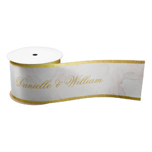 Weiße Marmor-Faux-Gold-Elegante Kalligrafie-Hochze Satinband