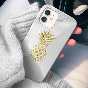 Weiße Marmor-Gold-Ananas-Monogramm iPhone 15 Hülle