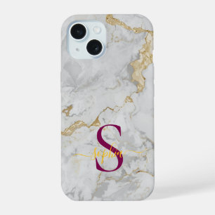 weiße Marmor-Gold-Glitter-Monogramm iPhone 15 Hülle
