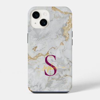 weiße Marmor-Gold-Glitter-Monogramm iPhone 14 Hülle