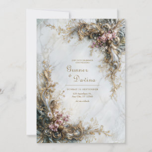 Weiße Marmor Gold Rosa Blumen-Rokokoko-Hochzeit Einladung