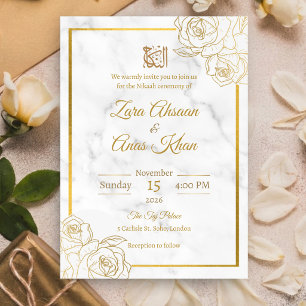 Weiße Marmor-Gold-Rosen-Nikah-Islam-Muslim-Hochzei Einladung