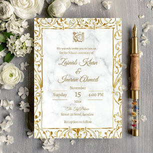 Weiße Marmor-Gold-Spitze-Nikah-Islam-Muslim-Hochze Einladung