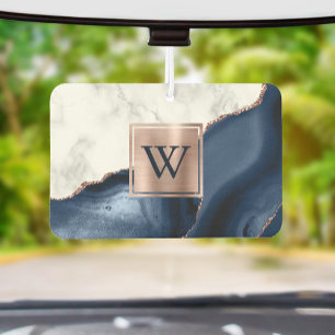 Weiße Marmor-Roségold-Navyblau-Achat-Monogramm Autolufterfrischer